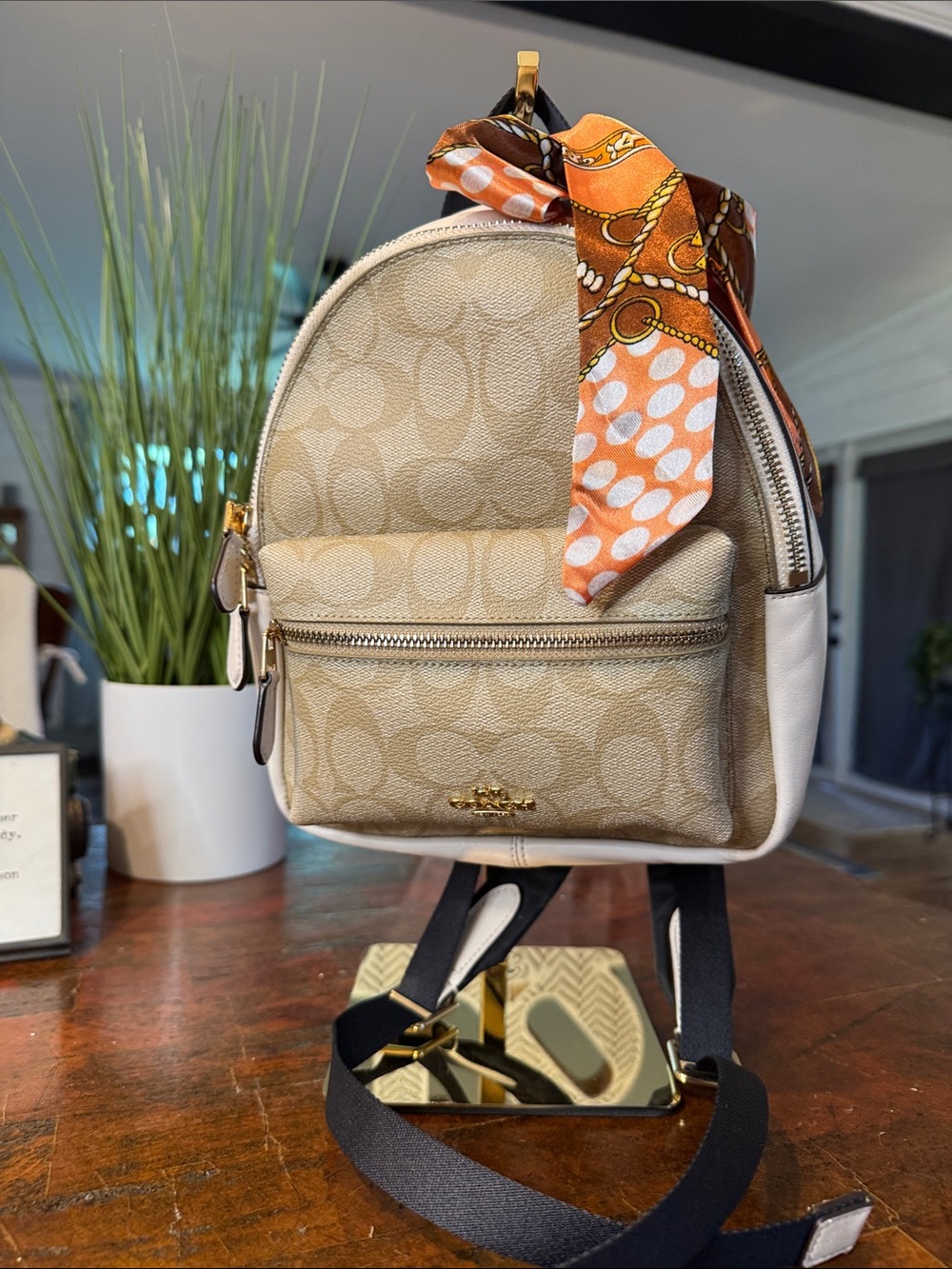 Coach Beige Signature Mini Backpack with Orange Scarf Accent